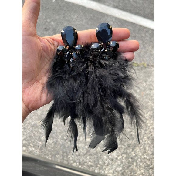 Large black earrings Fur oversized crystal wedding earrings showgirl pageant - Picture 3 of 6